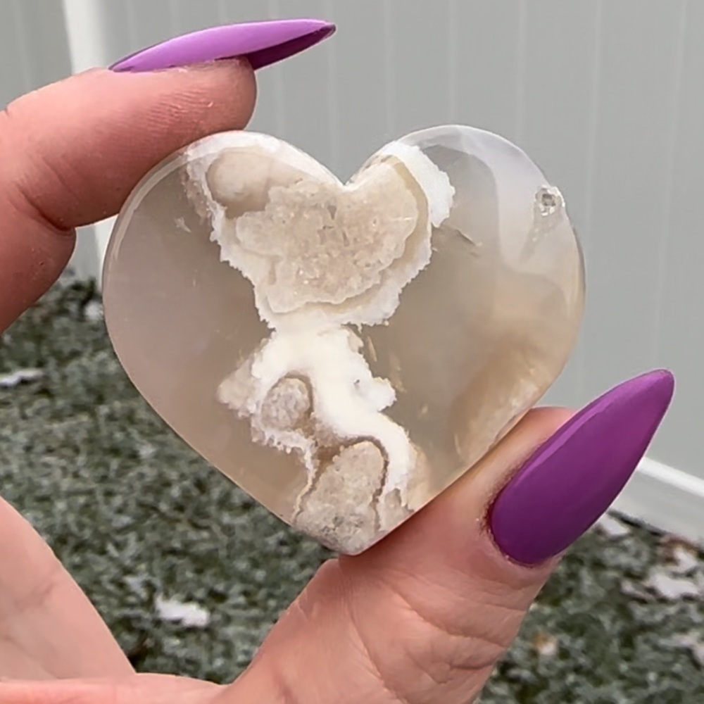 Flower Agate Heart Carving Polished Chunky Crystal Palm Pocket Stone Reiki